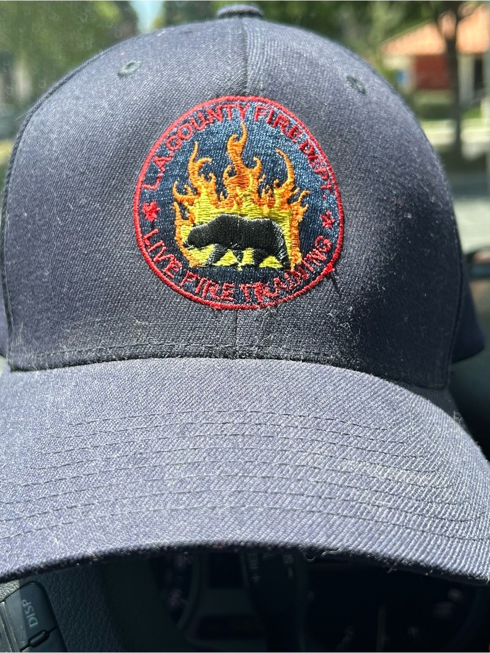 Flexfit Yupoong Cap LA County Fire Dept Live Fire Training Patch Navy Sz L/XL